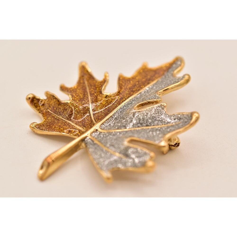 Vintage Autumn Fall Glitter Enamel Leaf Pin Brooch Silver Gold NOS 1990s BinA18 - Picture 7 of 12